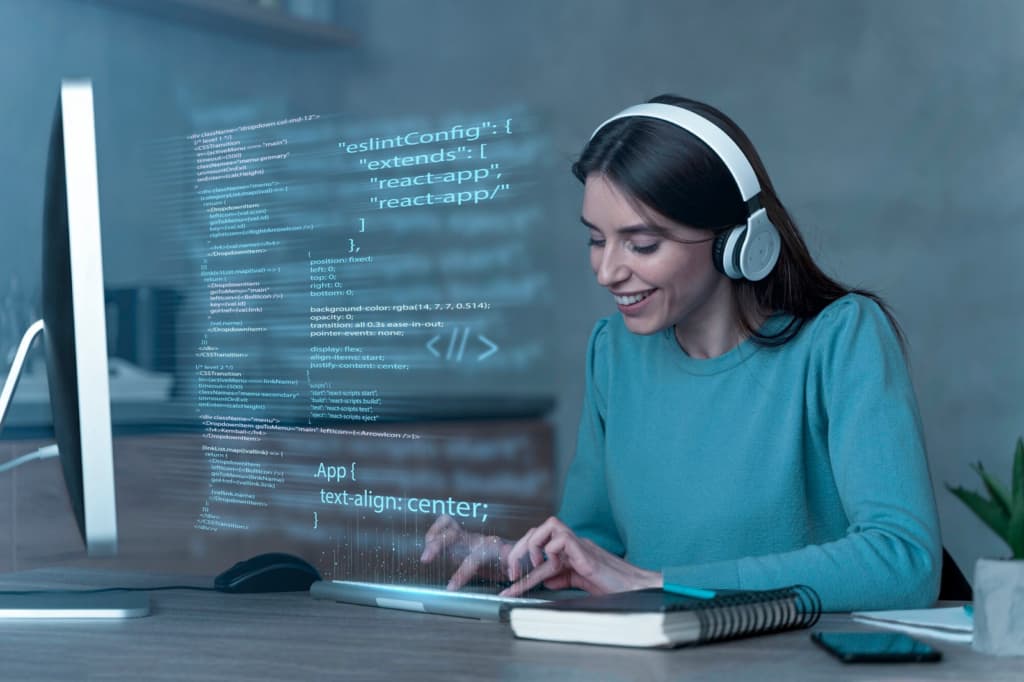 Girl in headphones working at the computer
