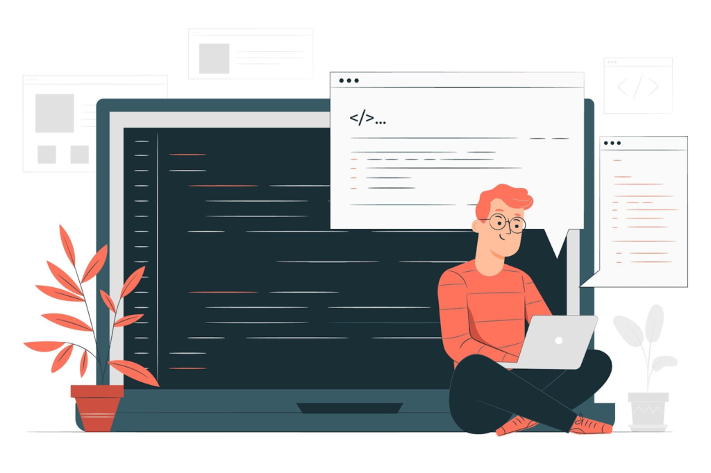 Animated man writes code on a laptop