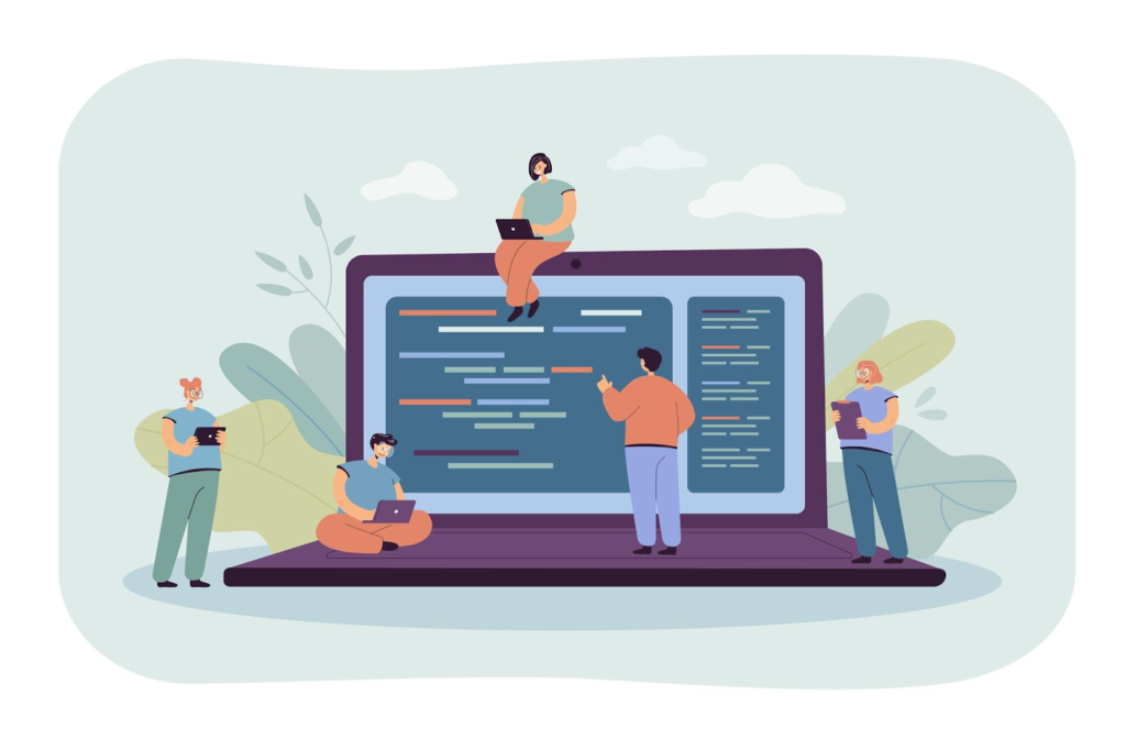 Animated people studying code on a laptop