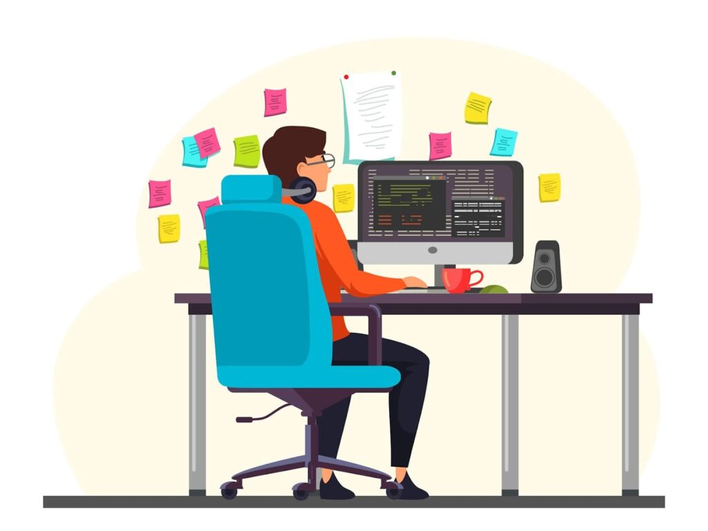 Animated man writes code on a computer